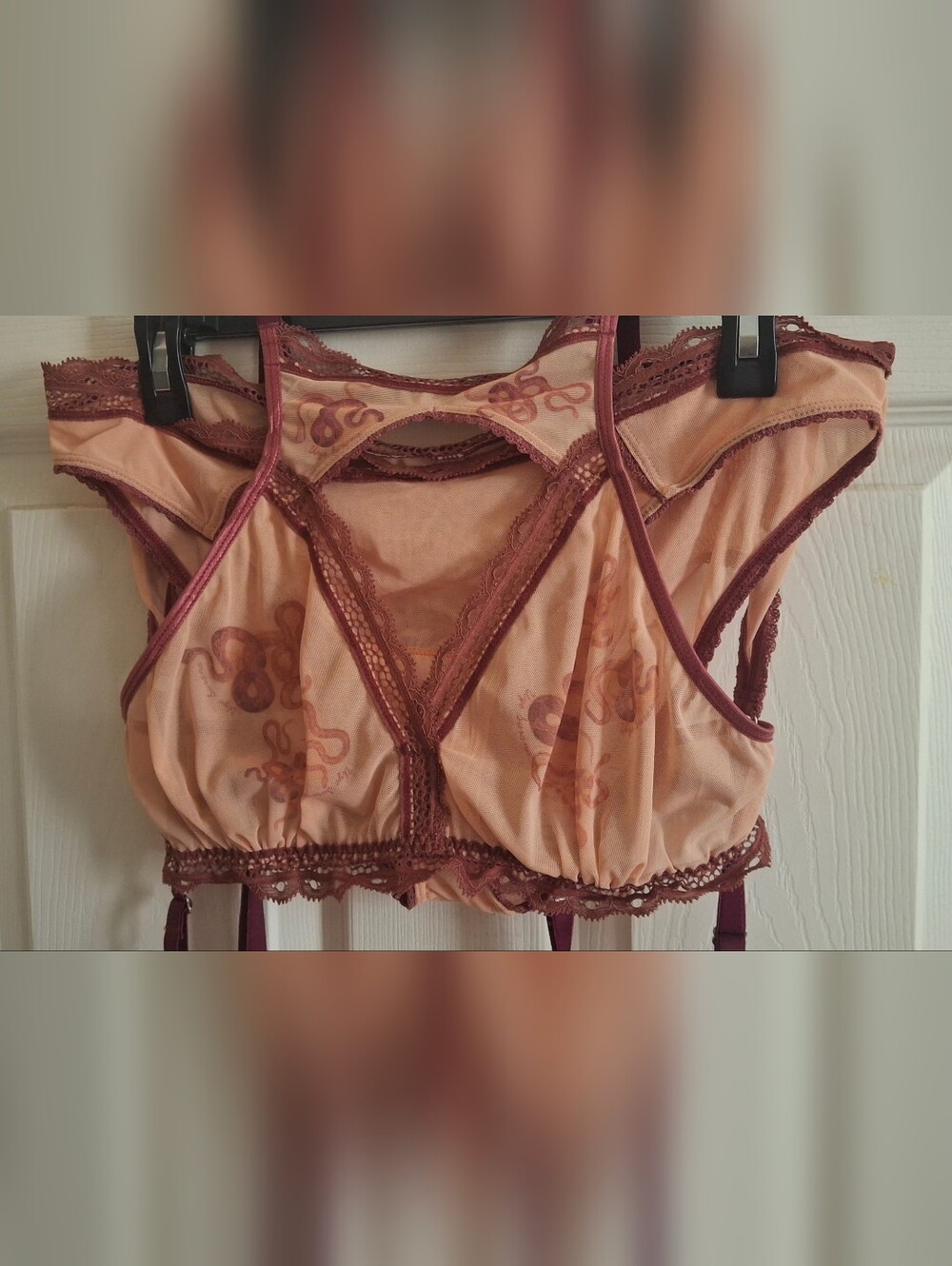 5 Piece Peach and Wine Lace Bralette with Decorative Snake Print